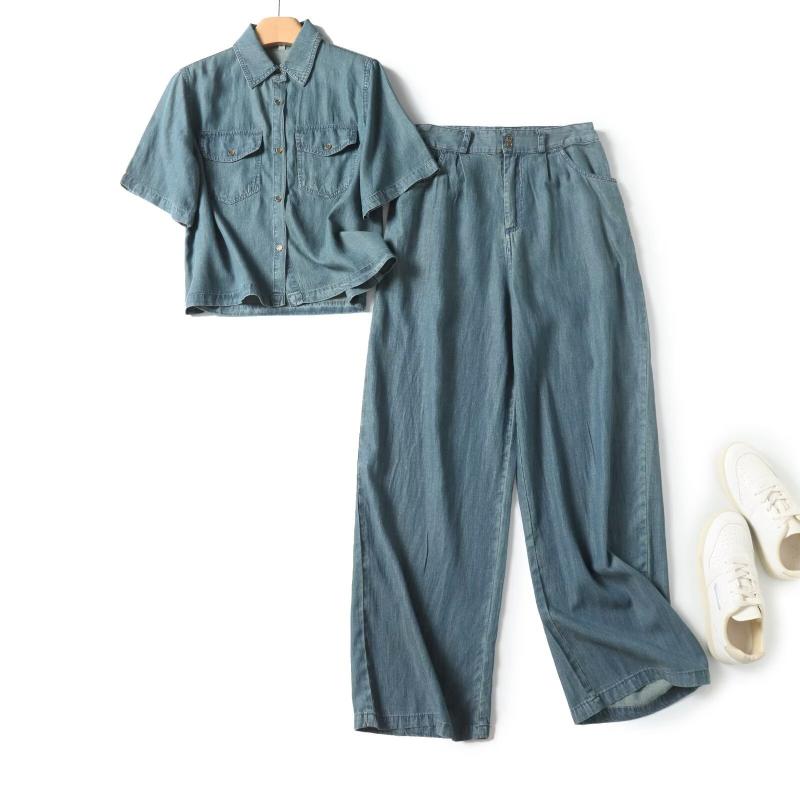 夏 レディース デニム ツーピース セットアップ 薄手 ビッグサイズ 短袖 トップス ロングパンツ シングルボタン ワーク風 スタンドカラー スタイリッシュ カジュアル 普段使い