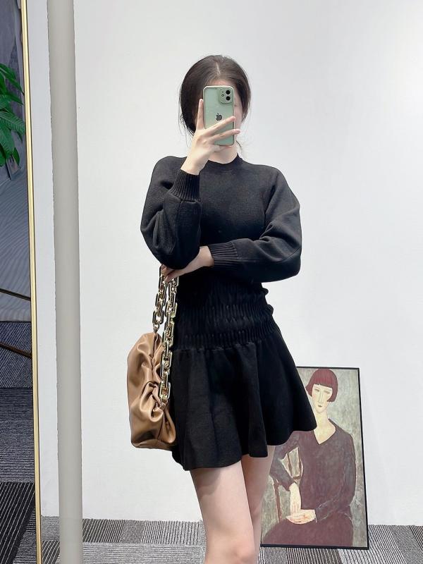 レディース 衣装 秋冬 黒いこと A伝達ルート パフ捩り 酉の方角シェイプ 影ぼうし か細い成り行き 窈窕たる フレンチ表現スタイル 膝丈 綿織物混 伸縮性 通い 普段使い