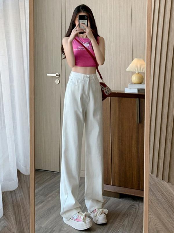 デニムパンツ レディース ハイウエスト ホワイト 秋 ワイドレッグ ストレート フィット 小柄対応 スリム効果 アメリカンスタイル ストリート デニム素材 伸縮性 カジュアル 普段使い 通勤用 軽量 再生繊維 ミックスx2