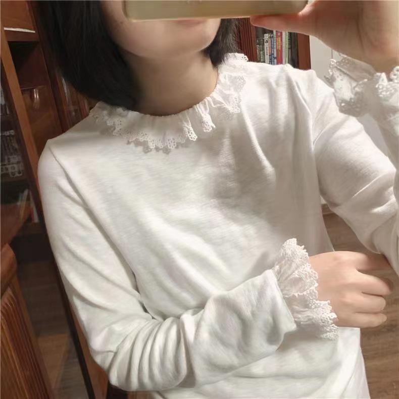 レディース 長袖Tシャツ トップス 秋 通勤用 スリムフィット モックネック クラシック エレガント レースエッジ インナー レイヤリング カジュアル オフィス スタイルx2
