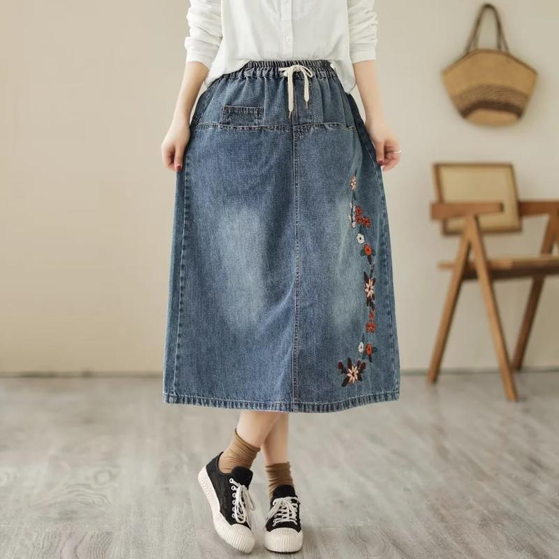 スカート レディース デニム コットン 刺繍 ミディ丈 エスニック レトロ 綿素材 通気性 普段使い 女性用 膝下丈 Aライン ボヘミアン スタイル 軽量 伸縮性x2 5,144円
