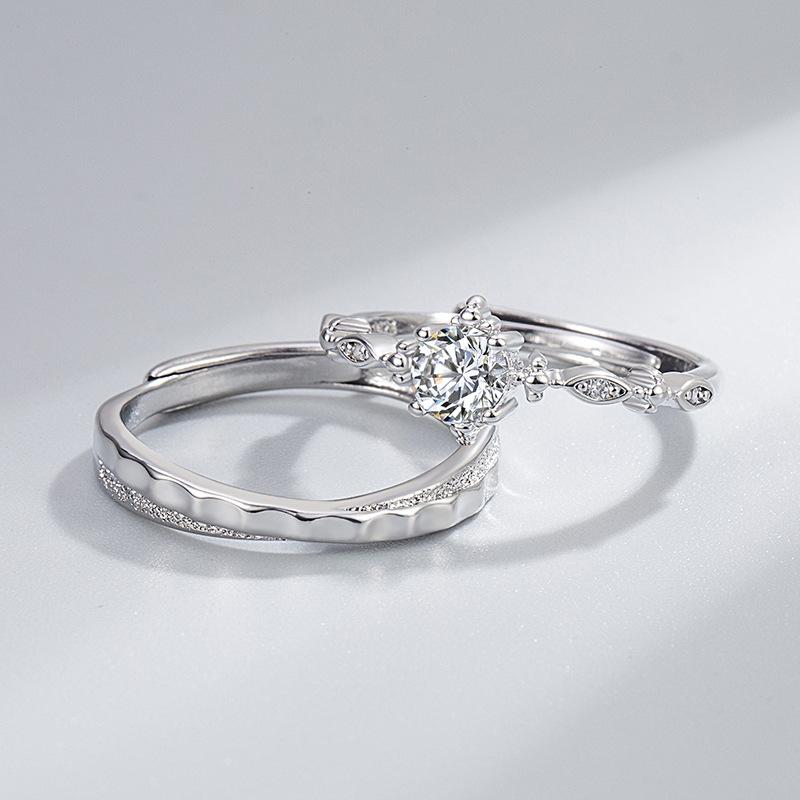 指輪 純銀 ペア 開口式 蜂の巣 デザイン 六爪 王冠 モチーフ 結婚 リング 輝く 銀河 調整可能 スタイリッシュ シルバー ジュエリー カップル ギフト ロマンチック アクセサリー