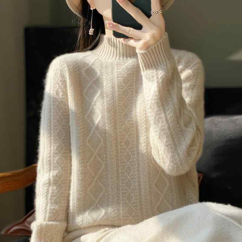 秋冬 レディース 厚手 ニットセーター ゆったり 半ハイネック ツイストフラワー デザイン インナー用 ウール混 ラフスタイル 暖か 柔らか素材 長袖 トップス