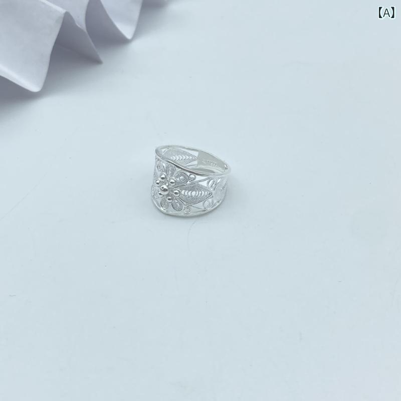 指輪 レディース 民族風 復古 花柄 透かし 銀 シンプル ファッション 日常使い アクセサリー 女性用 リング 軽量 華やか スタイリッシュ ギフト向き モダン