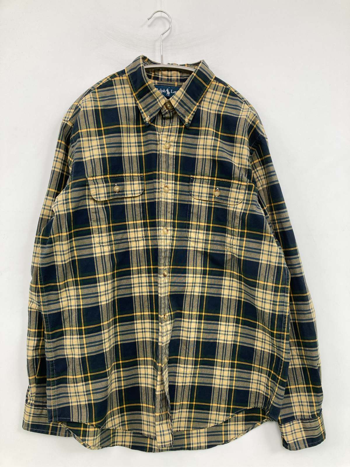 【中古】Ralph Lauren ラルフローレン シャツ/ブラウス L ベージュ チェック柄 ミドル丈 長袖 ボタンダウン レギュラーカラー メンズ|digdig 店