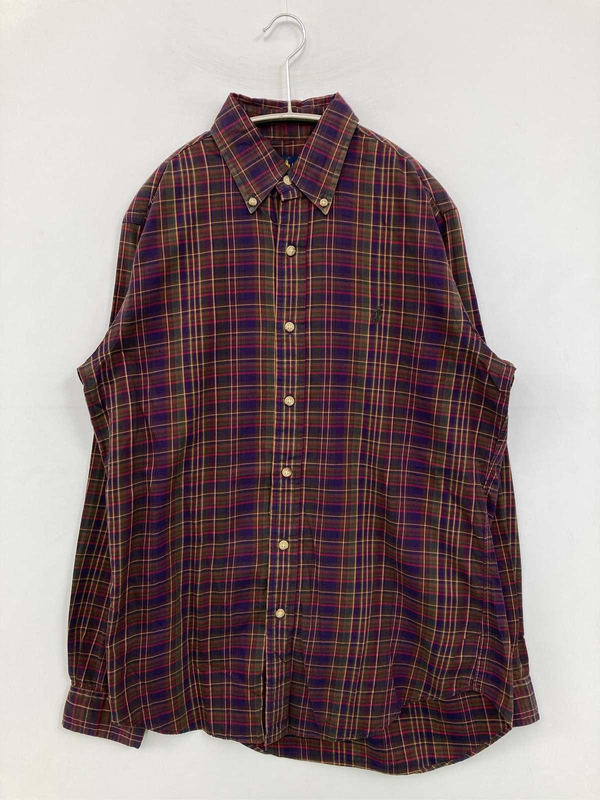 【中古】Ralph Lauren ラルフローレン シャツ/ブラウス S パープル コットン チェック柄 ワンポイント ブランドロゴ 長袖 ロング丈 ボタンダウン メンズ｜digdig 店