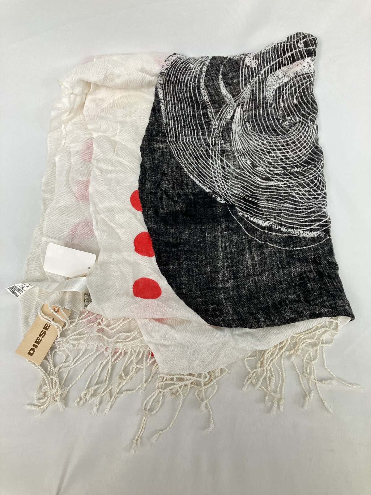 【中古】DIESEL ディーゼル ストール/ショール ホワイト ドット柄 フリンジ その他総柄 メンズ レディース|digdig 店