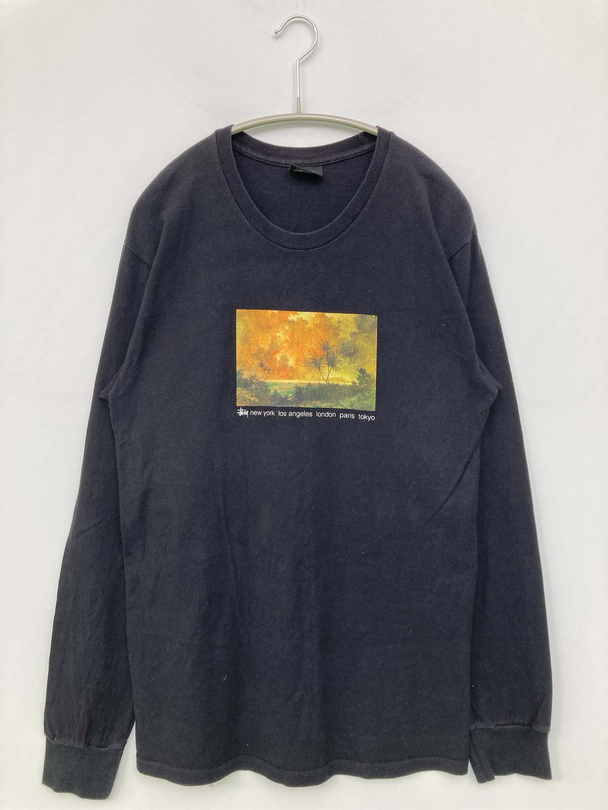 【中古】stussy ステューシー Tシャツ/カットソー M ブラック 前面プリント ブランドロゴ ミドル丈 長袖 クルーネック(丸首) メンズ レディース|digdig 店