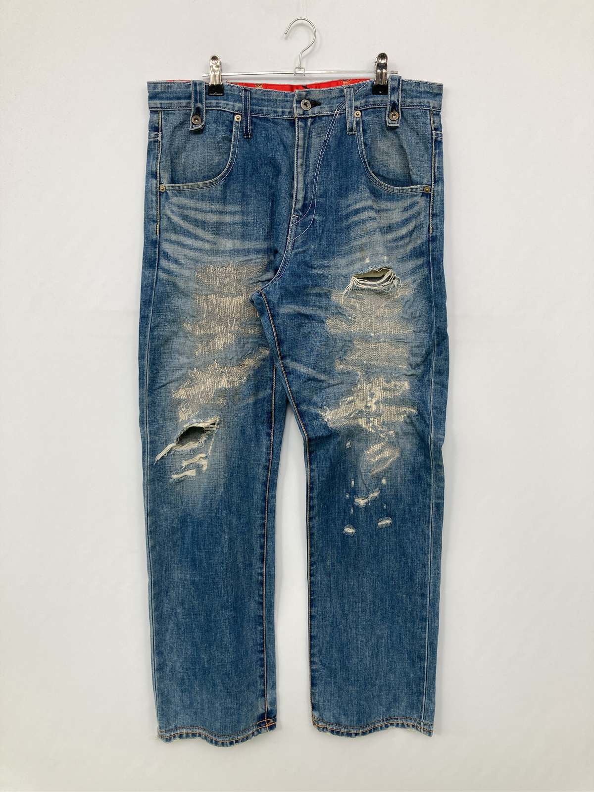 【中古】More Moma デニムパンツ L ブルー フルレングス 無地 スタンダード ワンポイント ストレート レギュラー ヴィンテージ クラッシュ・ダメージ メンズ｜digdig 店