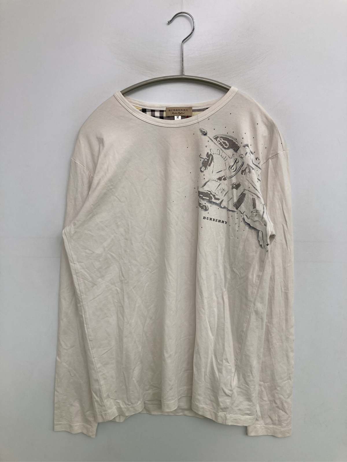 【中古】BURBERRY バーバリー Tシャツ/カットソー M ホワイト 無地 前面プリント ミドル丈 長袖 ボートネック メンズ｜digdig 店