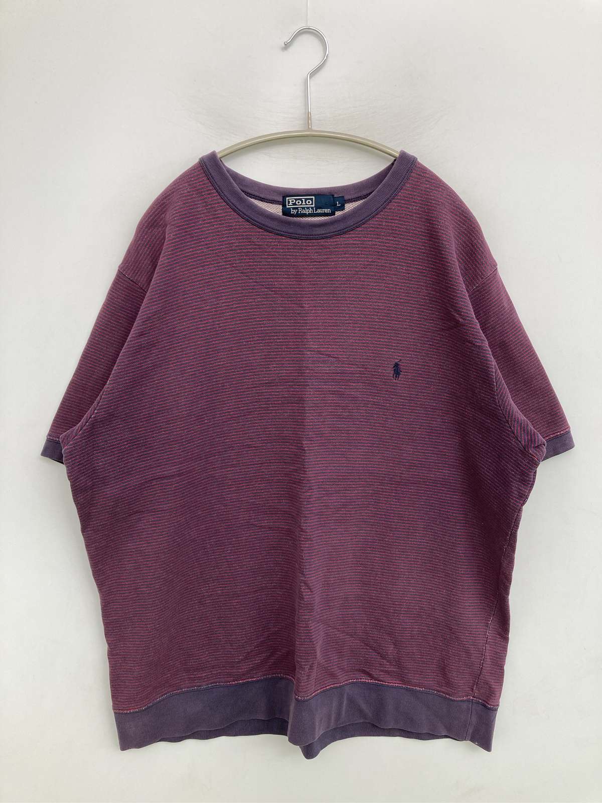 【中古】Polo Ralph Lauren ポロラルフローレン Tシャツ/カットソー L パープル ボーダー柄 ブランドロゴ ワンポイント ミドル丈 半袖 クルーネック(丸首) メンズ レディース|digdig 店