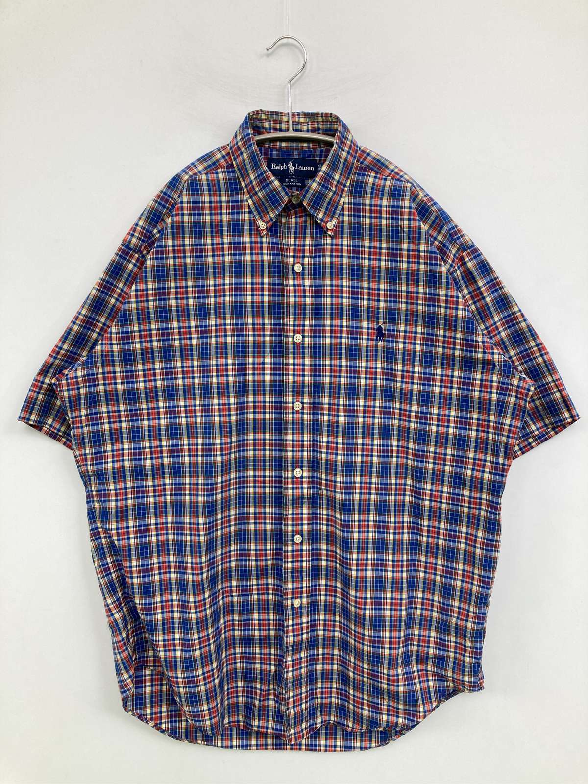 【中古】Ralph Lauren ラルフローレン シャツ/ブラウス S ブルー コットン チェック柄 ミドル丈 半袖 レギュラーカラー ボタンダウン メンズ｜digdig 店