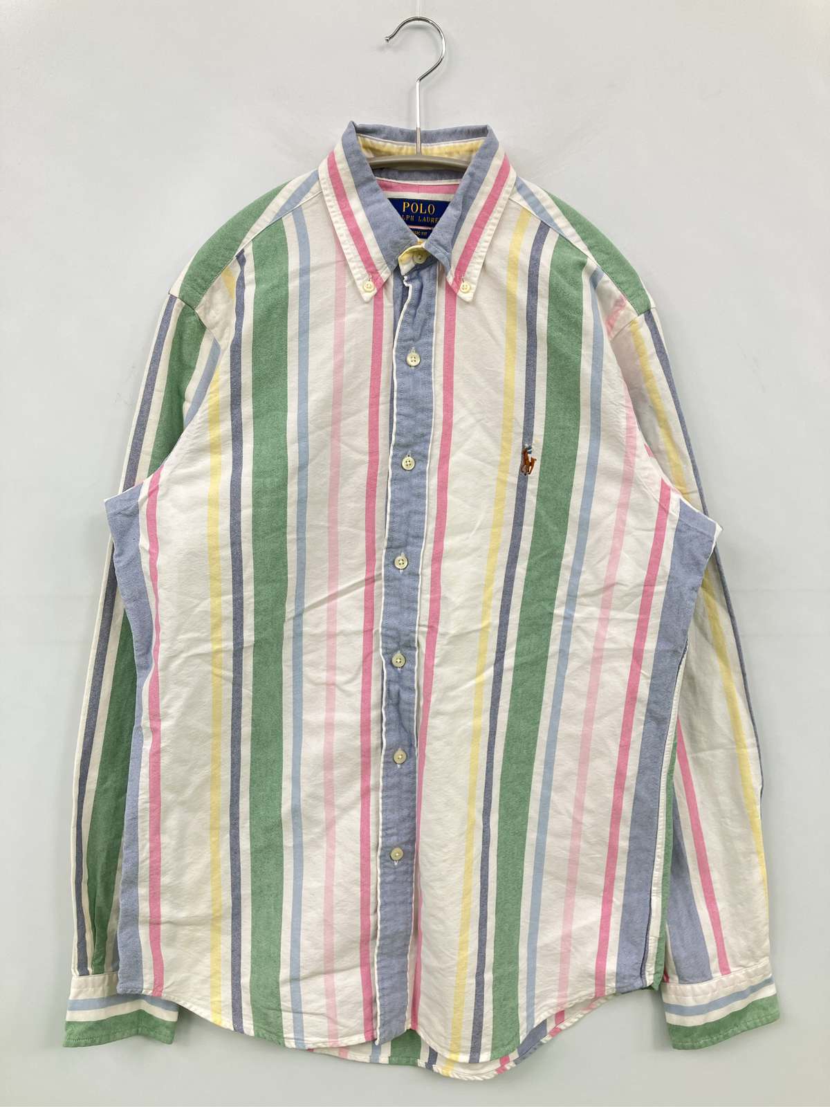 【中古】Polo Ralph Lauren ポロラルフローレン シャツ/ブラウス S ホワイト コットン ストライプ柄 ワンポイント ブランドロゴ ミドル丈 長袖 ボタンダウン メンズ｜digdig 店
