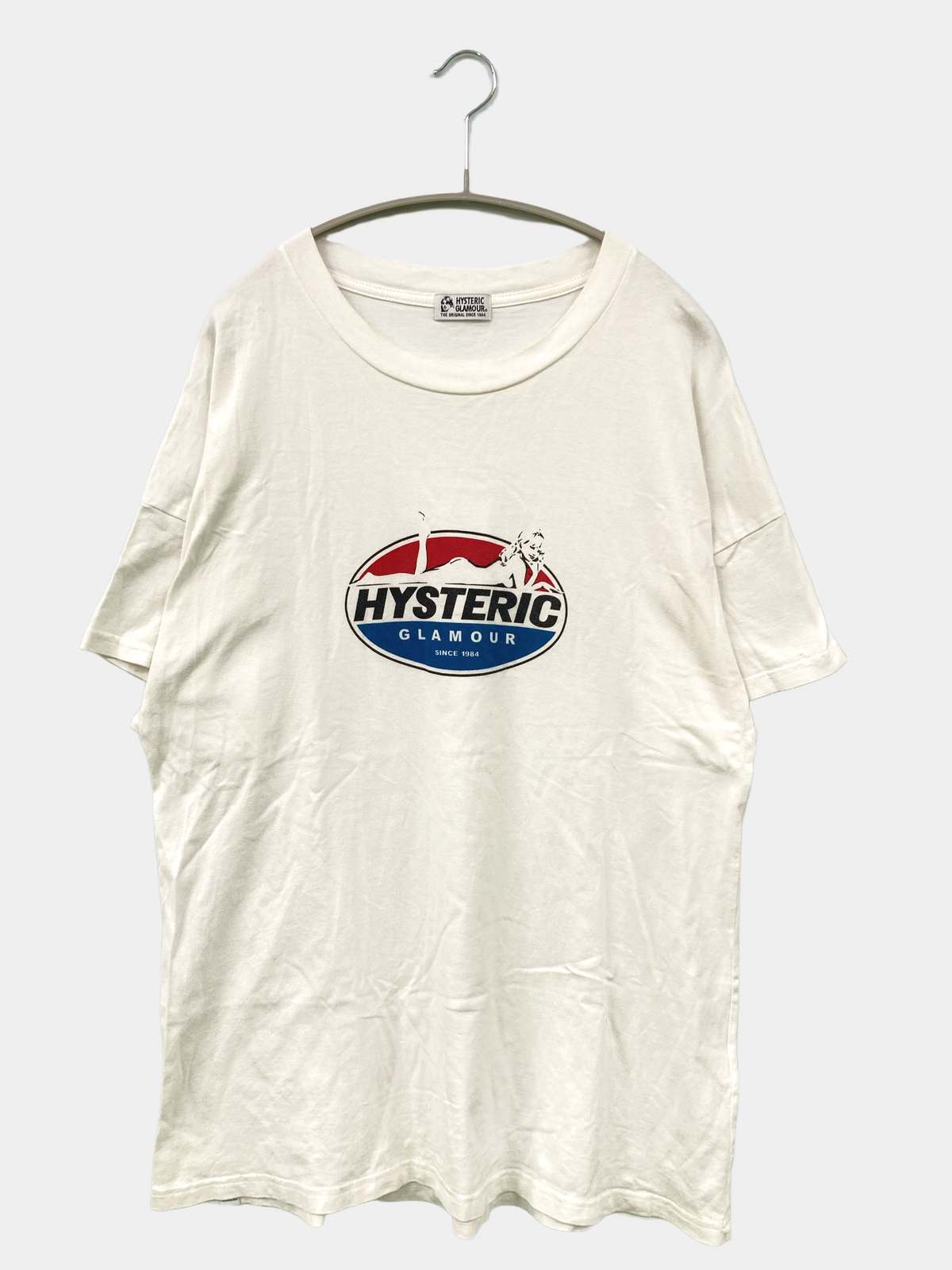 【中古】HYSTERIC GLAMOUR ヒステリックグラマー Tシャツ/カットソー FREE ホワイト 前面プリント ブランドロゴ ロング丈 半袖 クルーネック(丸首) メンズ レディース|digdig 店
