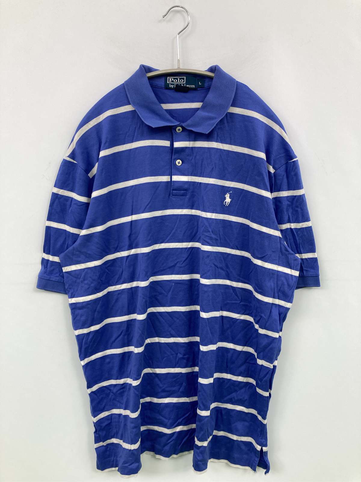 【中古】Polo by Ralph Lauren ポロバイラルフローレン スポーツシャツ L 青碧 間借り人柄 ワンポイント ブランド名ロゴタイプ 半袖 メンズ