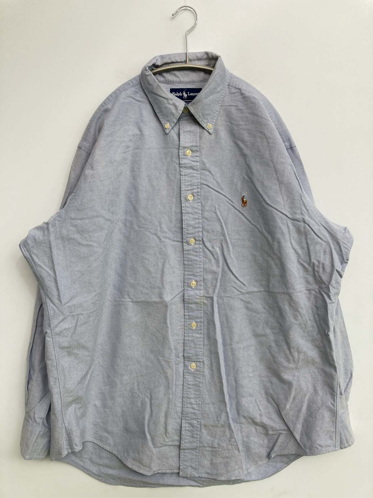 【中古】Ralph Lauren ラルフローレン プルオーバー/トップ 16 1/2-34 天の原青色 綿織物 無地 ワンポイント ブランド名ロゴタイプ 刺しゅう 長袖 真っただ中丈 名取り草落ちこむ レギュラー色合い メンズ