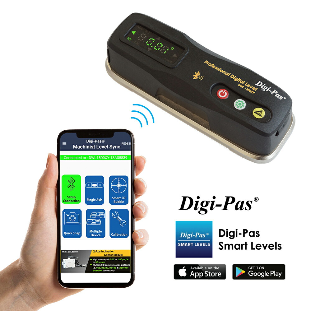 DWL-1300XY 2軸精密デジタル平形水準器 Digi-pas 読取精度:±0.02° デジタルLED表示 電源:単3電池x2本もしくはUSB給電 測定値モバイルアプリ表示 Bluetooth(15m以内) 使用環境温度-10℃ ~ +50℃ サイズ50x38x150mm 自己校正機能付|Digi-Pas