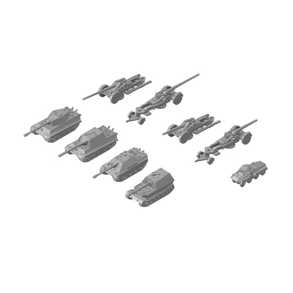 ピットロード 1/700 WWII ドイツ軍用車両セット3 (ティーガーII、ヤークトティーガー、ヤークトパンター、エレファント、Sd.Kfz.232 8輪装甲車、17cmカノン砲 K18、21cm臼砲 Mrs18) プラモデル MI11 【1月予約】画像