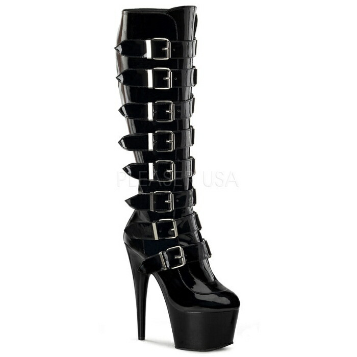 ロングブーツ 厚底 Pleaser プリーザー ブーツ 18cm ヒール ニーハイブーツ ハイヒール ピンヒール 黒 ブラック エナメル バックルベルト サイドジッパー ポールダンス ステージ 大きいサイズ 靴 レディース メンズ ADORE-2043 ADO2043/B/M 取寄