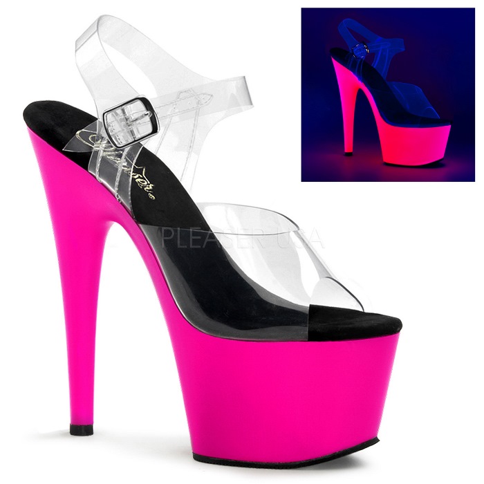 サンダル 厚底 Pleaser プリーザー 18cm ヒール ハイヒール ピンヒール ネオンピンク 透明 クリア ブラックライト アンクルストラップ クリアアッパー 光る 蛍光 ポールダンス 大きいサイズ レディース メンズ ADORE-708UV ADO708UV/C/NPN 取寄