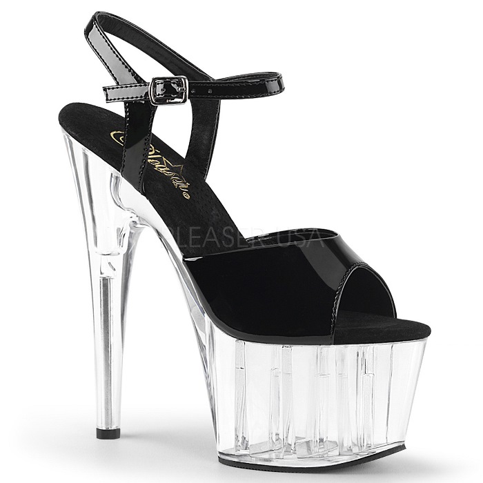 Pleaser プリーザー サンダル 厚底 18cm ヒール 黒 ブラック 透明 クリア アンクルストラップ 大きいサイズ ハイヒール ピンヒール クリアヒール ポールダンス ステージ 衣装 イベント 靴 シューズ レディース メンズ ADORE-709 ADO709/B/C 取寄