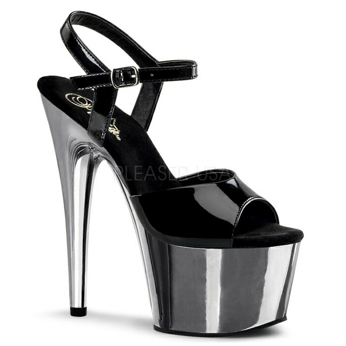 Pleaser プリーザー サンダル 厚底 18cm ヒール 黒 ブラック エナメル 銀色 シルバー クロム アンクルストラップ 大きいサイズ 小さいサイズ ハイヒール ピンヒール ポールダンス 衣装 靴 シューズ レディース メンズ ADORE-709 ADO709/B/SCH 取寄