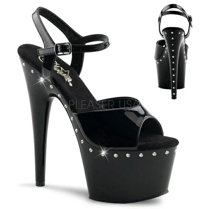 Pleaser プリーザー サンダル 厚底 18cm ヒール 黒 ブラック エナメル ラインストーン アンクルストラップ 大きいサイズ 小さいサイズ ハイヒール ピンヒール ポールダンス エナメルサンダル 靴 シューズ レディース メンズ ADORE-709LS ADO709LS/B/M 取寄|ハイヒール厚底靴のディンプルズ