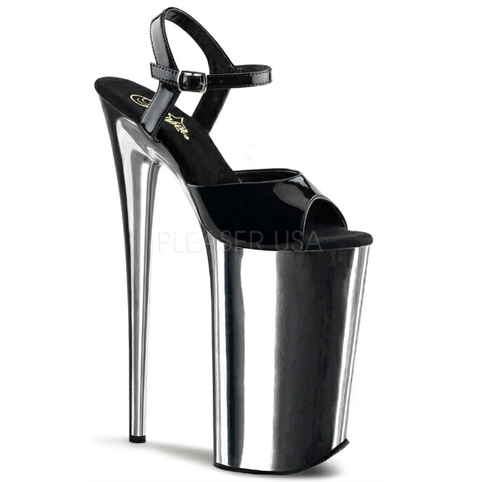 Pleaser プリーザー サンダル 25.5cm ヒール ハイヒール ピンヒール エナメル 黒 ブラック 銀 シルバー クロム 厚底 超厚底 オープントゥ アンクルストラップ エナメルサンダル 大きいサイズ シューズ ポールダンス ダンス コスプレ BEYOND-009 BEY009/B/SCH 取寄|ハイヒール厚底靴のディンプルズ