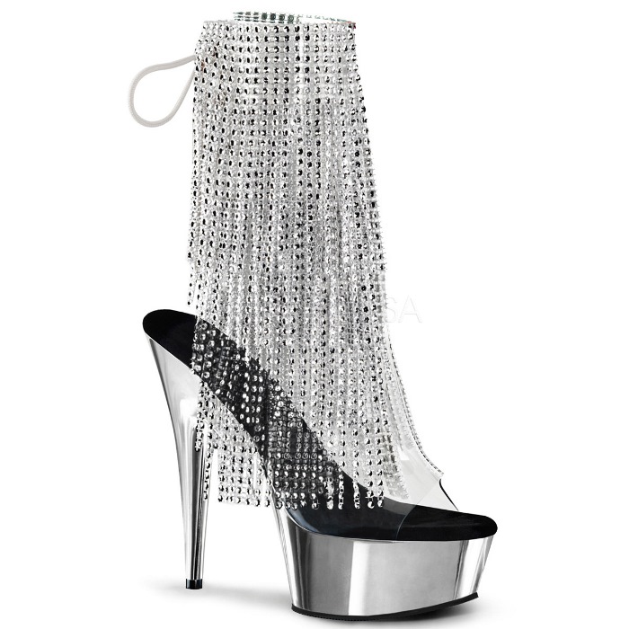 ショートブーツ ブーティ 厚底 Pleaser プリーザー 15cm ヒール 15cmヒール アンクルブーツ ブーツ ブーツサンダル オープントゥ ラインストーン 銀 シルバー 厚底 大きいサイズ 靴 コスプレ 衣装 レディース メンズ DELIGHT-1017RSF DEL1017RSF/C-S/SCH 取寄｜ハイヒール厚底靴のディンプルズ