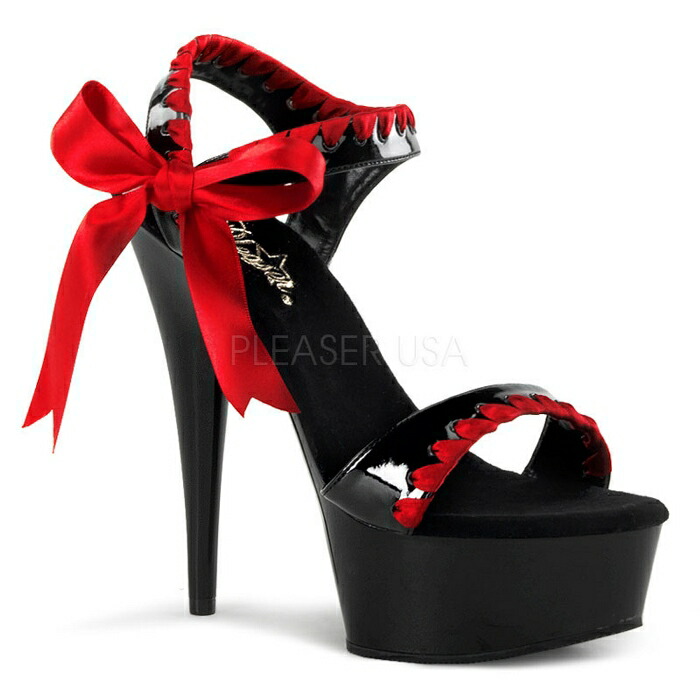 サンダル 厚底 Pleaser プリーザー 15cm ヒール ハイヒール ピンヒール 黒 ブラック 赤 レッド エナメル リボン ストラップ ポールダンス シューズ エナメルサンダル 大きいサイズ 衣装 レディース メンズ DELIGHT-615 DEL615/BR/B 取寄