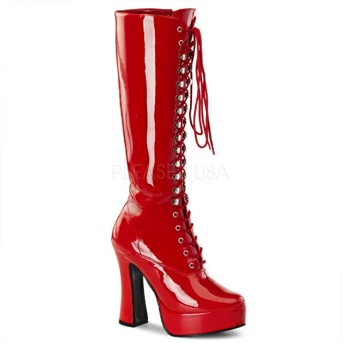 ロングブーツ 厚底 Pleaser プリーザー ブーツ 13cm ヒール 赤 レッド エナメル ハイヒール ワイドヒール 太ヒール 編み上げ サイドジッパー レースアップ ポールダンス 大きいサイズ チャンキーヒール レディース メンズ ELECTRA-2020 ELE2020/R 取寄
