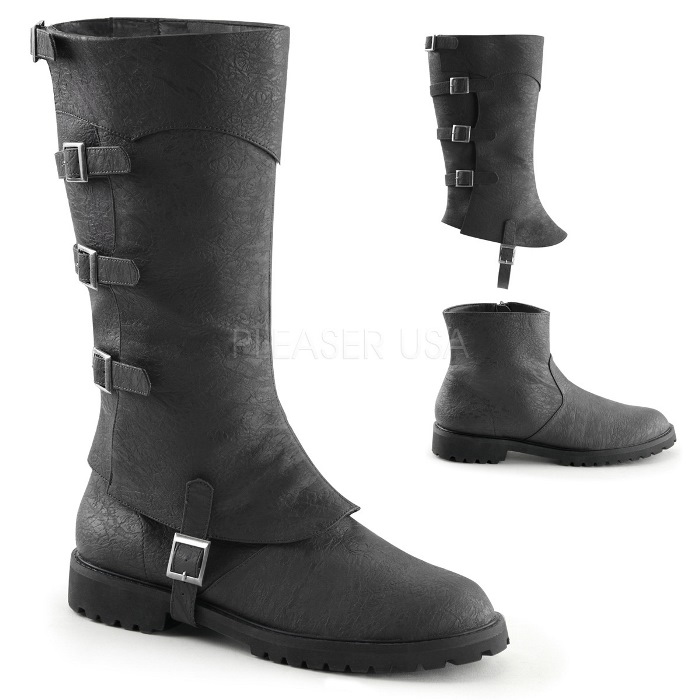 Pleaser プリーザー ロングブーツ メンズ 4cm ヒール 黒 ブラック 合皮 フェイクレザー フラットヒール 着脱可能でミドルカットブーツとしても履ける 複数ベルト付き ジッパー 靴 シューズ 大きいサイズ 26cm 27cm 28cm 29cm 30cm 31cm 32cm GOTHAM-105 GOTH105/BPU 取寄|ハイヒール厚底靴のディンプルズ
