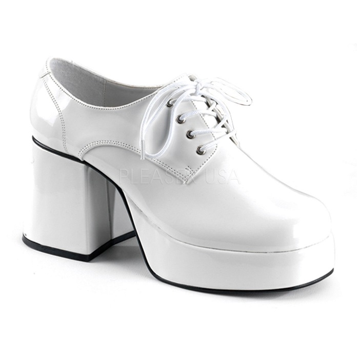 Pleaser プリーザー ローファー パンプス メンズ 9cm ヒール 白 ホワイト エナメル 太ヒール ブロックヒール 編み上げ レースアップ コスプレ 衣装 仮装 イベント ステージ 厚底 靴 シューズ 男性 大きいサイズ 26cm 27cm 28cm 29cm 30cm 31cm 32cm JAZZ-02 JAZZ02/W 取寄