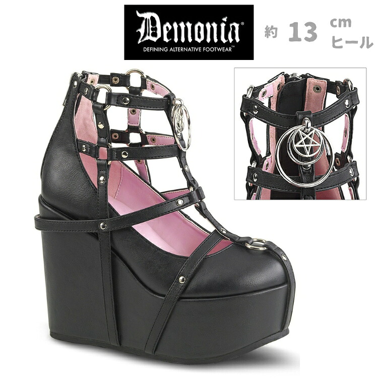 demonia デモニア 厚底 スニーカー ブーティー シューズ 13cm ヒール 黒 ブラック 合皮 フェイクレザー メタル リング ペンタグラム チャーム ジッパー 小さいサイズ 大きいサイズ 厚底靴 パンク V系 ゴシック 原宿系 靴 レディース メンズ POISON-25-1 POI25-1/BVL 取寄