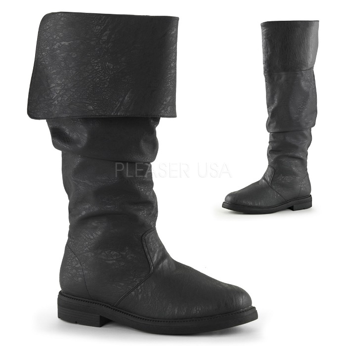 Pleaser プリーザー ロングブーツ ローヒール メンズ 2.5cm ヒール 黒 ブラック 合皮 フェイクレザー 折り返しデザイン ジッパー コスプレ 衣装 仮装 イベント ステージ 靴 シューズ 男性用 大きいサイズ 26cm 27cm 28cm 29cm 30cm 31cm 32cm ROBINHOOD-100 ROB100/BPU 取寄