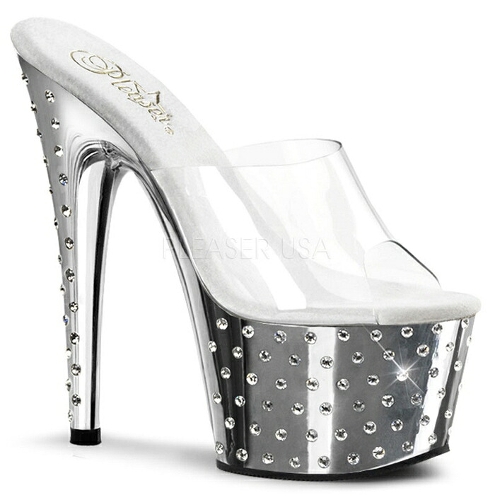 Pleaser プリーザー ヒール ミュール サンダル 厚底 18cm ヒール 透明 クリア 銀 シルバー メタリック クロム 女性 男性 用 ハイヒール 大きいサイズ 小さいサイズ ピンヒール オープントゥ レディース メンズ 18センチ ヒール STARDUST-701 STDUS701/C/SCH 取寄