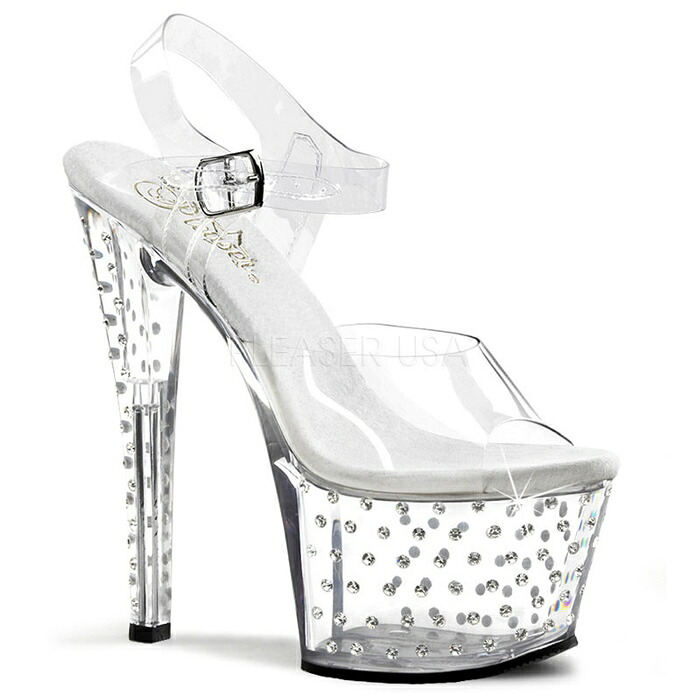 Pleaser プリーザー ヒール サンダル 厚底 18cm ヒール 透明 クリア スケルトン ハイヒール クリアヒール 大きいサイズ 小さいサイズ ピンヒール オープントゥ アンクルストラップ ポールダンス レディース メンズ 18センチ ヒール STARDUST-708 STDUS708/C/M 取寄