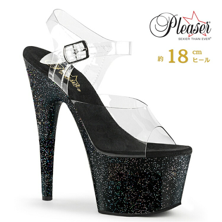 Pleaser プリーザー サンダル 厚底 18cm ヒール 透明 クリア 黒 ブラック グリッター アンクルストラップ 大きいサイズ 小さいサイズ ハイヒール ピンヒール ドレス ポールダンス 衣装 靴 シューズ レディース メンズ ADORE-708MG ADO708MG/C/B 取寄