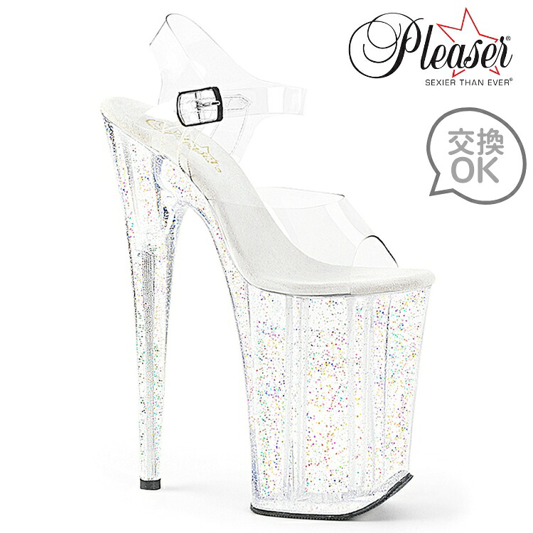 Pleaser プリーザー サンダル 23cm ヒール ハイヒール ピンヒール クリアヒール 透明 クリア キラキラ きらきら グリッター アンクルストラップ ベルト オープントゥ レディース メンズ 大きいサイズ 靴 シューズ INFINITY-908MG INF908MG/C/M 取寄｜ハイヒール厚底靴のディンプルズ