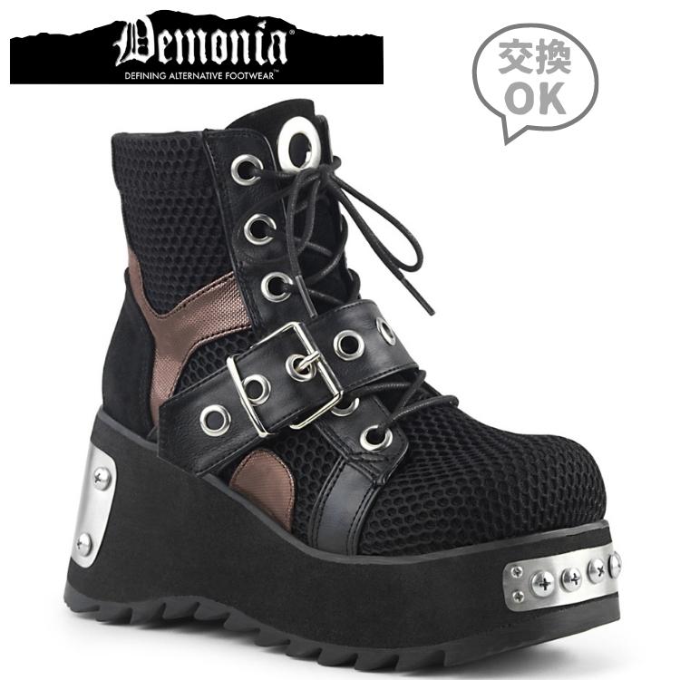 demonia デモニア 厚底 ブーツ ショートブーツ 厚底 ウェッジソール 9cm ヒール 黒 ブラック メッシュ ベルト バックル 編み上げ レースアップ 小さいサイズ 大きいサイズ 厚底靴 パンク V系 ゴシック ファッション 衣装 靴 レディース メンズ SCENE-53 SCE53/BVL-FN 取寄