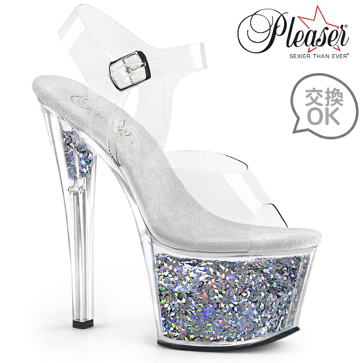 Pleaser プリーザー ヒール サンダル 厚底 18cm ヒール 銀 シルバー 透明 クリア ハイヒール クリアヒール 大きいサイズ 小さいサイズ ピンヒール ホログラフィック キラキラ アンクルストラップ 靴 レディース メンズ 18センチ ヒール SKY-308GF SKY308GF/C/SG 取寄 7,737円