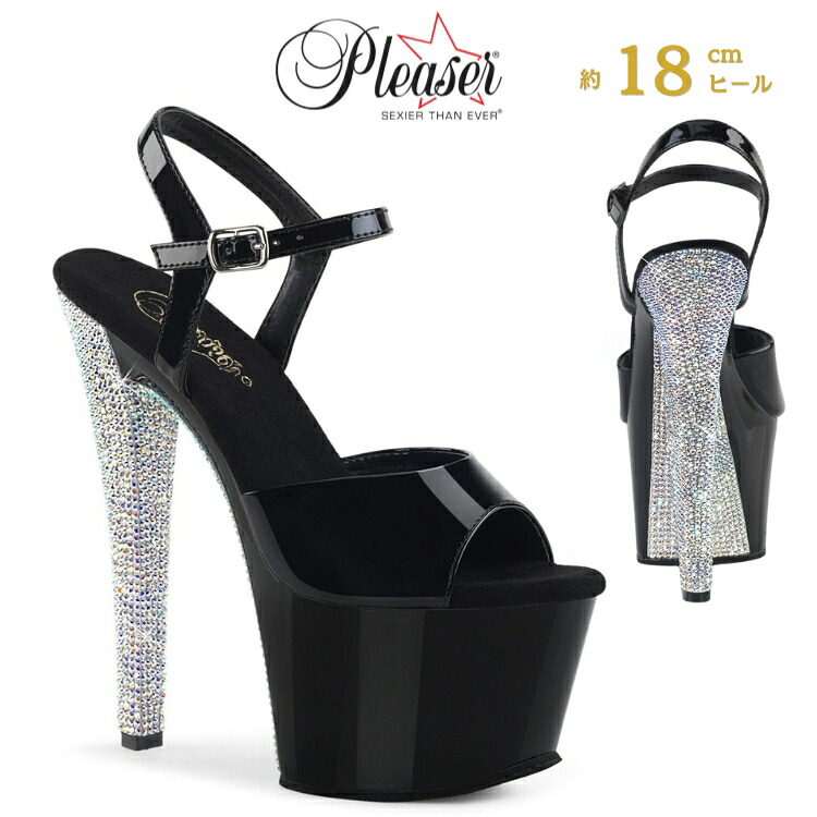 Pleaser プリーザー ヒール サンダル 厚底 18cm ヒール 黒 ブラック 銀 シルバー エナメル 女性 男性 用 ハイヒール 大きいサイズ 小さいサイズ ピンヒール きらきら ラインストーン レディース メンズ 18センチ ヒール SKY-309CHRS SKY309CHRS/B/B-SRS 取寄