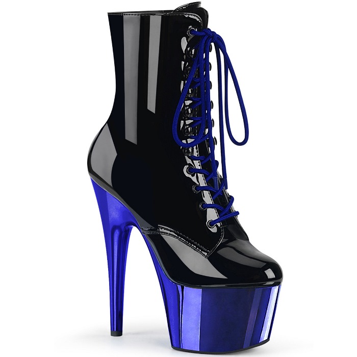 Pleaser プリーザー ショートブーツ 厚底 18cm ヒール 黒 ブラック エナメル 青 ロイヤルブルー メタリック クロム 2トーン バイカラー レースアップ ジッパー 大きいサイズ 小さいサイズ ハイヒール ダンス 靴 レディース メンズ ADORE-1020 ADO1020/B/RYBLCH 取寄 14,831円