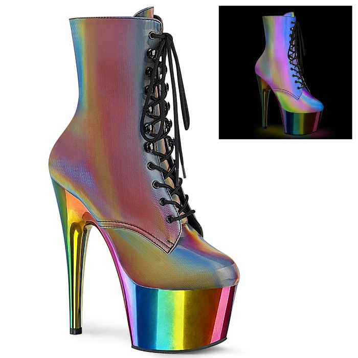 Pleaser プリーザー ショートブーツ 厚底 18cm ヒール 虹色 レインボー クロム 編み上げ レースアップ ジッパー 大きいサイズ 小さいサイズ ハイヒール ピンヒール ダンス 衣装 靴 シューズ レディース メンズ ADORE-1020RC-REFL ADO1020RC-REFL/RB/CH 取寄