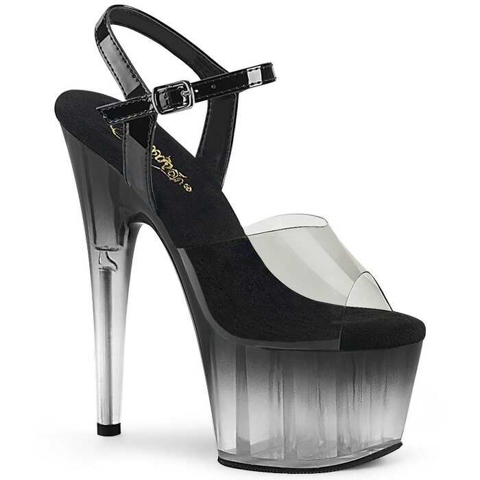 Pleaser プリーザー サンダル 厚底 18cm ヒール 透明 クリア 黒 ブラック グラデーション アンクルストラップ 大きいサイズ ハイヒール ピンヒール クリアヒール ダンス 衣装 靴 シューズ レディース メンズ ADORE-708T-2 ADO708T-2/SK-BPT/B-C 取寄