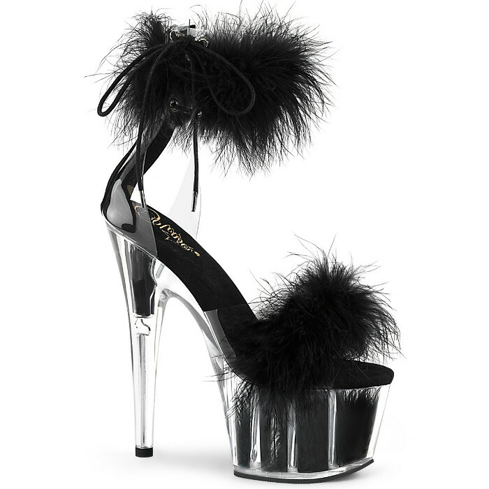 Pleaser プリーザー サンダル 厚底 18cm ヒール 黒 ブラック マラボーファー アンクルカフス ジッパー 大きいサイズ 小さいサイズ ハイヒール ピンヒール ポールダンス ショー 衣装 靴 シューズ レディース メンズ ADORE-724F ADO724F/C-B/BFUR 取寄