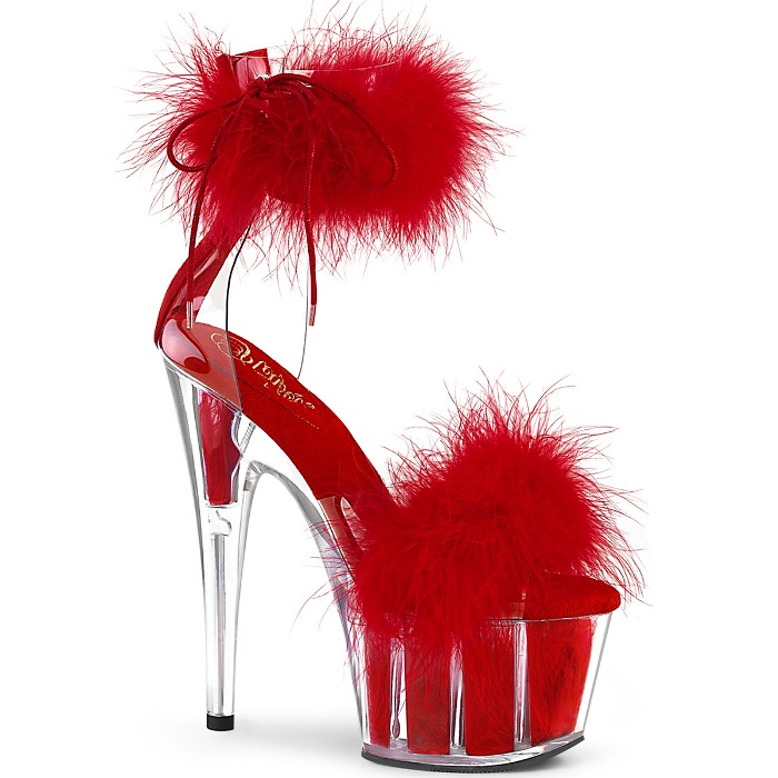 Pleaser プリーザー サンダル 厚底 18cm ヒール 赤 レッド マラボーファー アンクルカフス ジッパー 大きいサイズ 小さいサイズ ハイヒール ピンヒール ポールダンス ショー 衣装 靴 シューズ レディース メンズ ADORE-724F ADO724F/C-R/RFUR 取寄