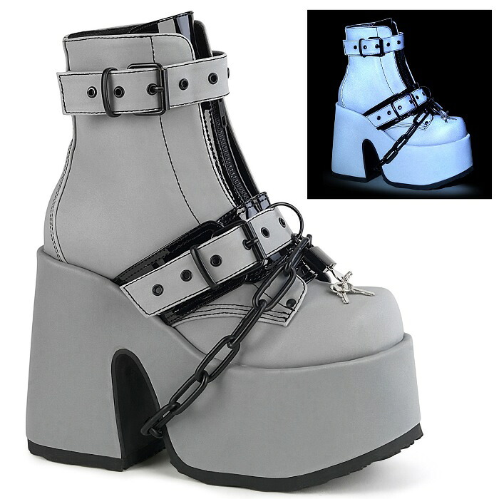 demonia デモニア 厚底 ブーツ ショートブーツ 厚底 13cm ヒール 灰色 グレー 合皮 フェイクレザー つや消し ベルト チェーン ジッパー 小さいサイズ 大きいサイズ チャンキーヒール 厚底靴 ロック パンク ゴシック 靴 レディース メンズ CAMEL-205 CAM205/GYREFL 取寄