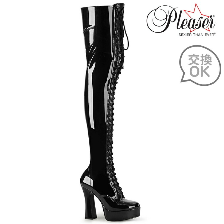 ニーハイブーツ サイハイブーツ 厚底 Pleaser プリーザー 13cm ヒール 黒 ブラック エナメル オーバーニーブーツ 太ヒール ワイドヒール 編み上げ レースアップ サイドジッパー 大きいサイズ チャンキーヒール レディース メンズ ELECTRA-3023 ELE3023/B 取寄