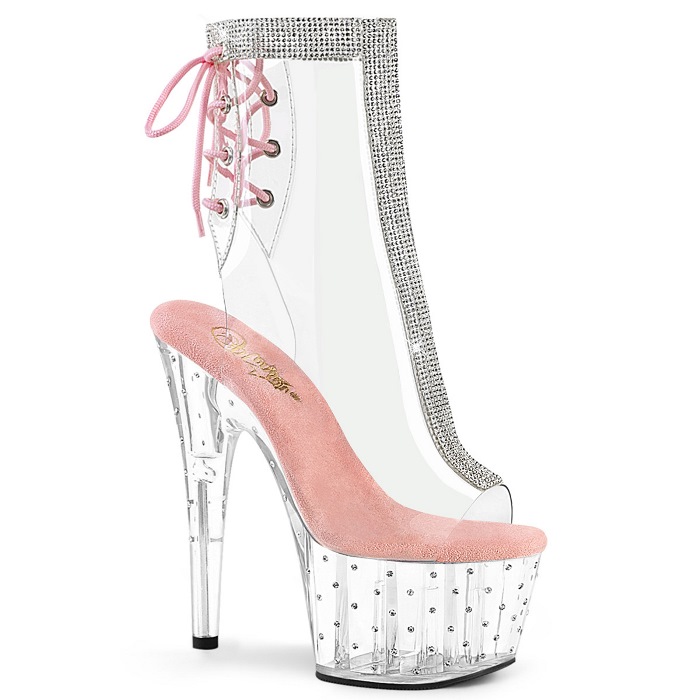 Pleaser プリーザー ヒール ショートブーツ 厚底 18cm ヒール 透明 クリア 桃色 ピンク 女性 男性 用 ハイヒール 大きいサイズ 小さいサイズ ピンヒール 背面 編み上げ レースアップ レディース メンズ 18センチ ヒール STARDUST-1018C-2RS STDUS1018C-2RS/CBP/C 取寄｜ハイヒール厚底靴のディンプルズ